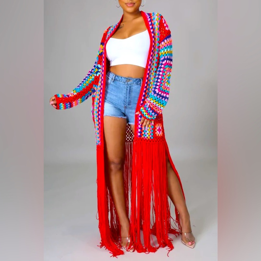 Red Fringe, Crochet Knit Cardigan
